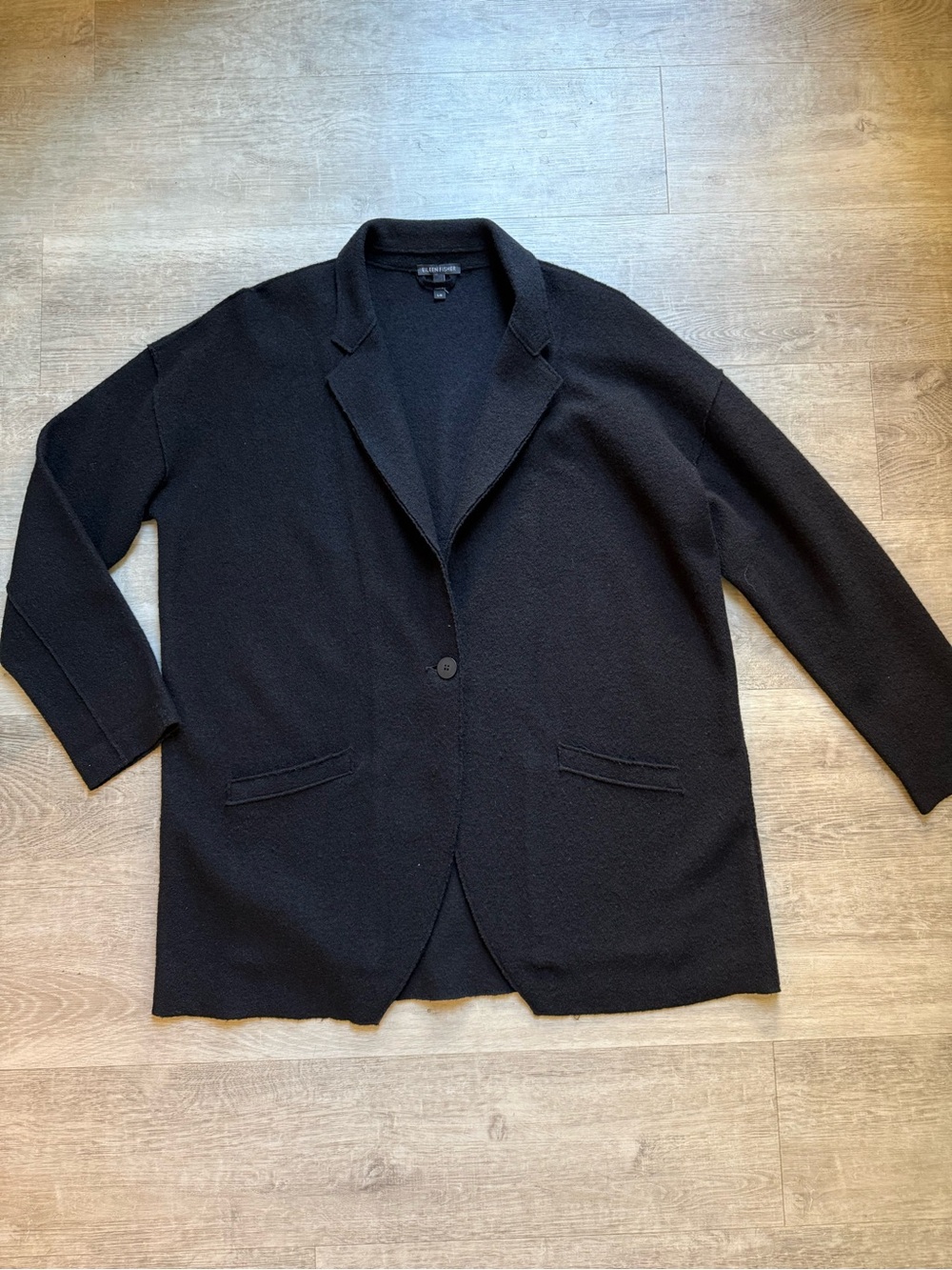 Eileen Fisher Felted Fleece Wool Blend Lightweight Relaxed Fit Black Blazer Sz L